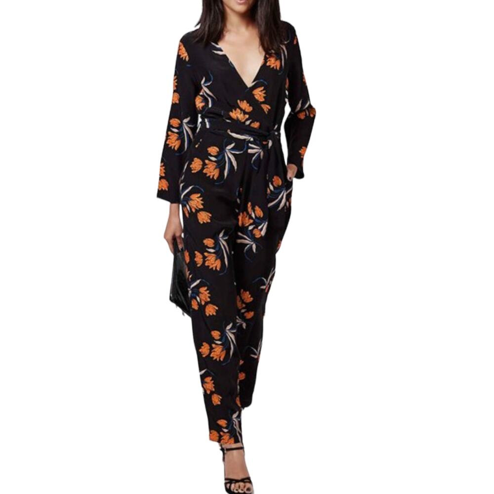 Topshop Black Floral Long Sleeve Jumpsuit w Pockets Women Sz 6 / Small